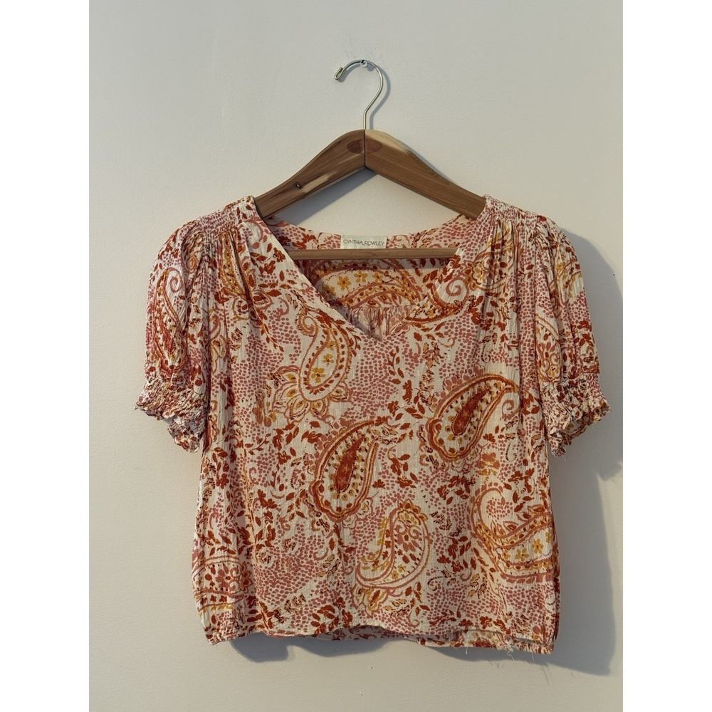 Cynthia Rowley Women's L Paisley Print Rayon Smocked Ruffle Blouse Boho Spring